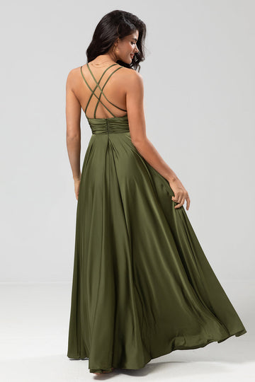 Grand Beauty A Line Spaghetti Straps Vestido de dama de honor largo verde oliva con volantes